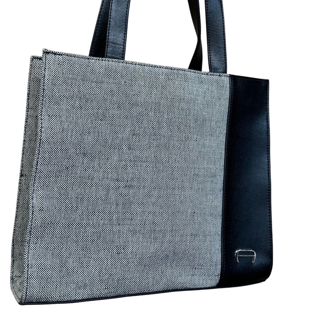Etienne Aigner Vintage Black Leather Gray Bleecker Tweed Bucket Tote Bag Purse